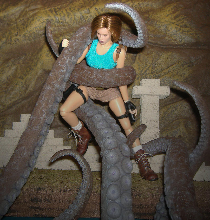 girl struggles with giant octopus